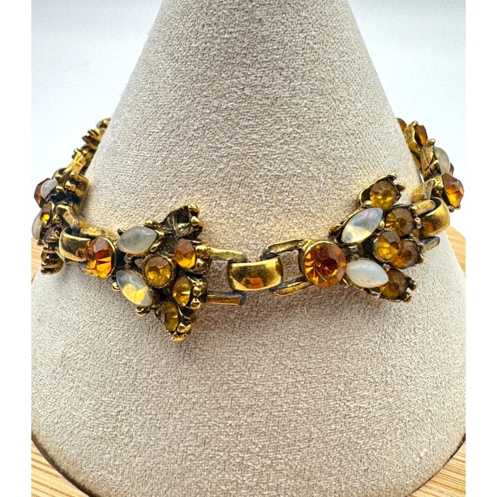 Vintage Rhinestone Bracelet Orange Opalite Link Mid Century MCM READ